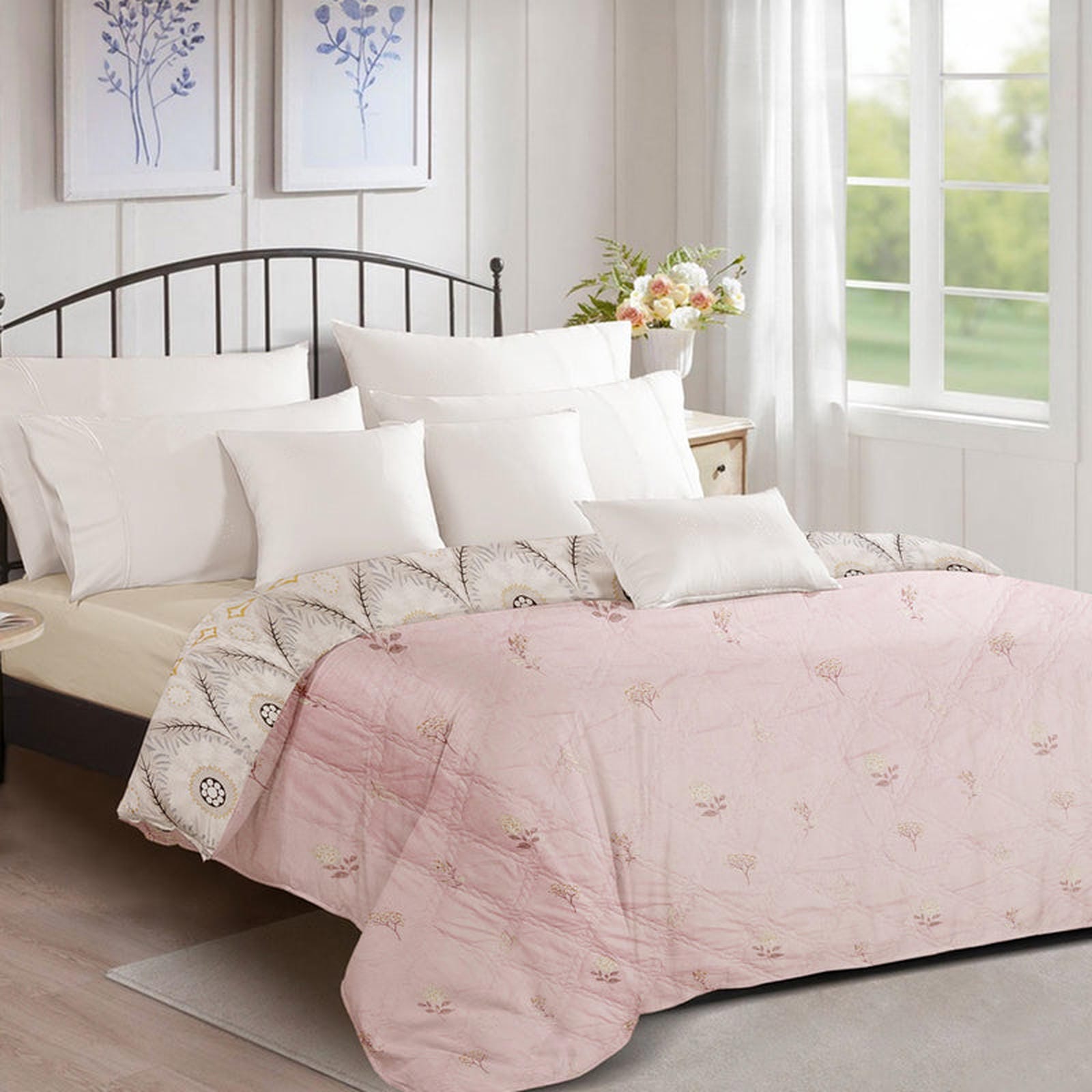 Ultralight Reversible Comforter – Baby Pink & Grey (Floral & Circular Patterns) - Furnish Factory
