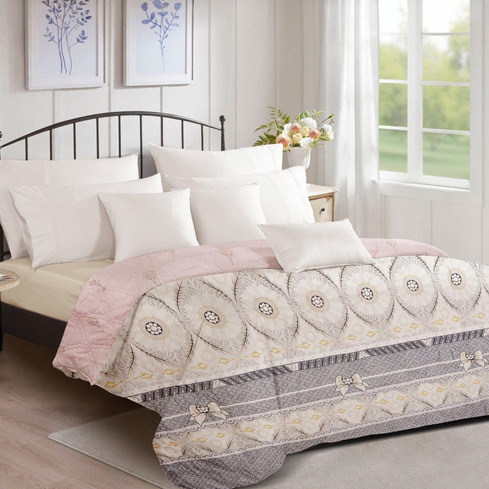 Ultralight Reversible Comforter – Baby Pink & Grey (Floral & Circular Patterns) - Furnish Factory