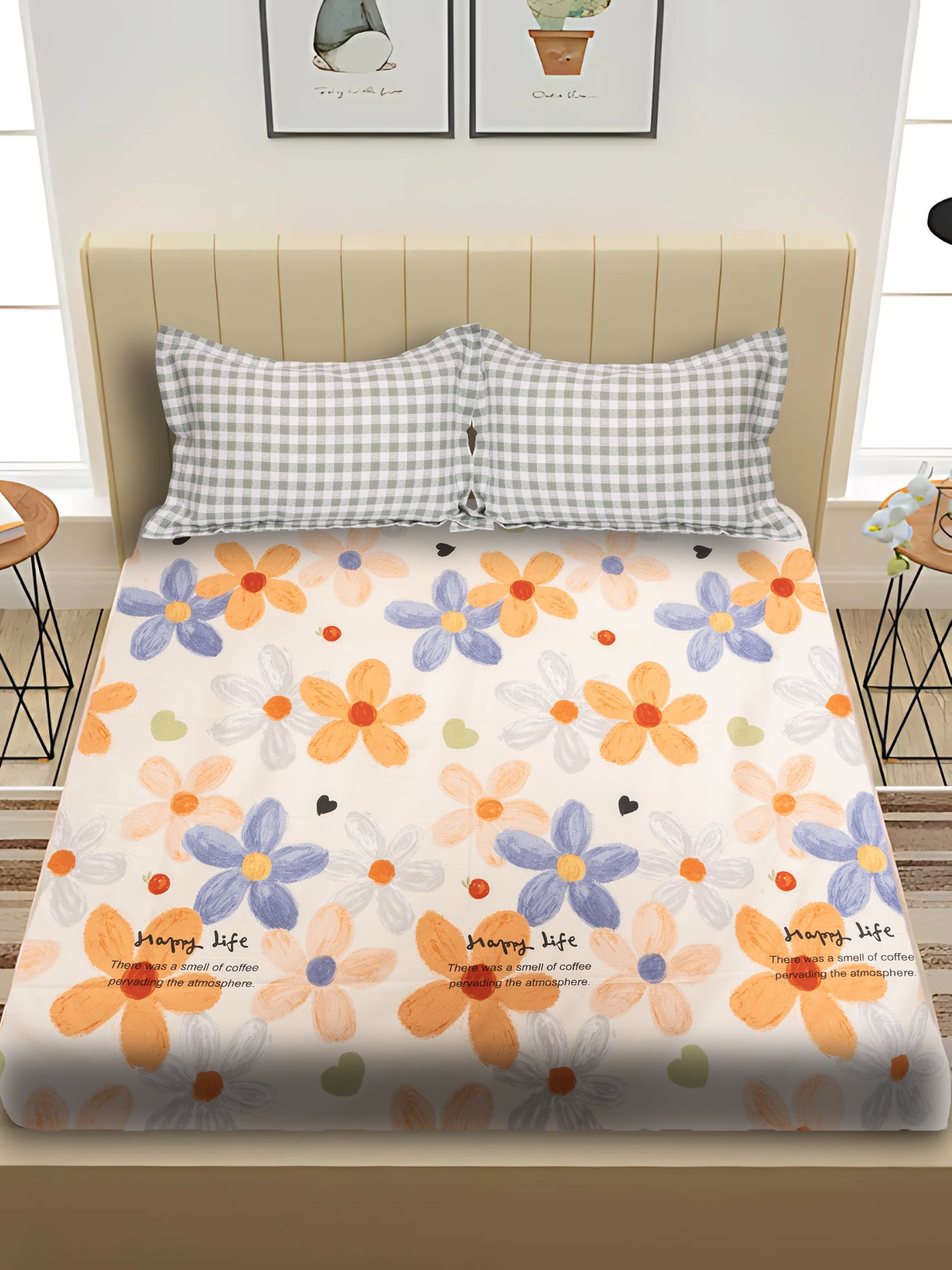 KIDOOS DREAMY BLOOMS 300 TC ULTRA-SOFT COTTON BLEND KING SIZE DOUBLE BEDSHEET WITH PILLOW COVERS