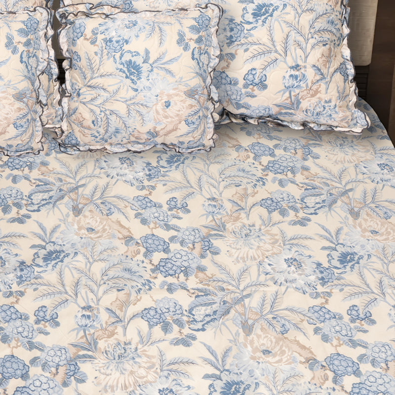 Elegant 5-Piece Quilted Bedding Set | King Size | Cream & Blue-Grey Floral Design
