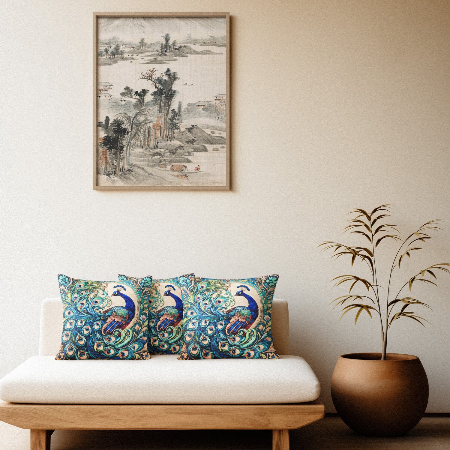 Peacock Art Cushion–  14 x 14 inches