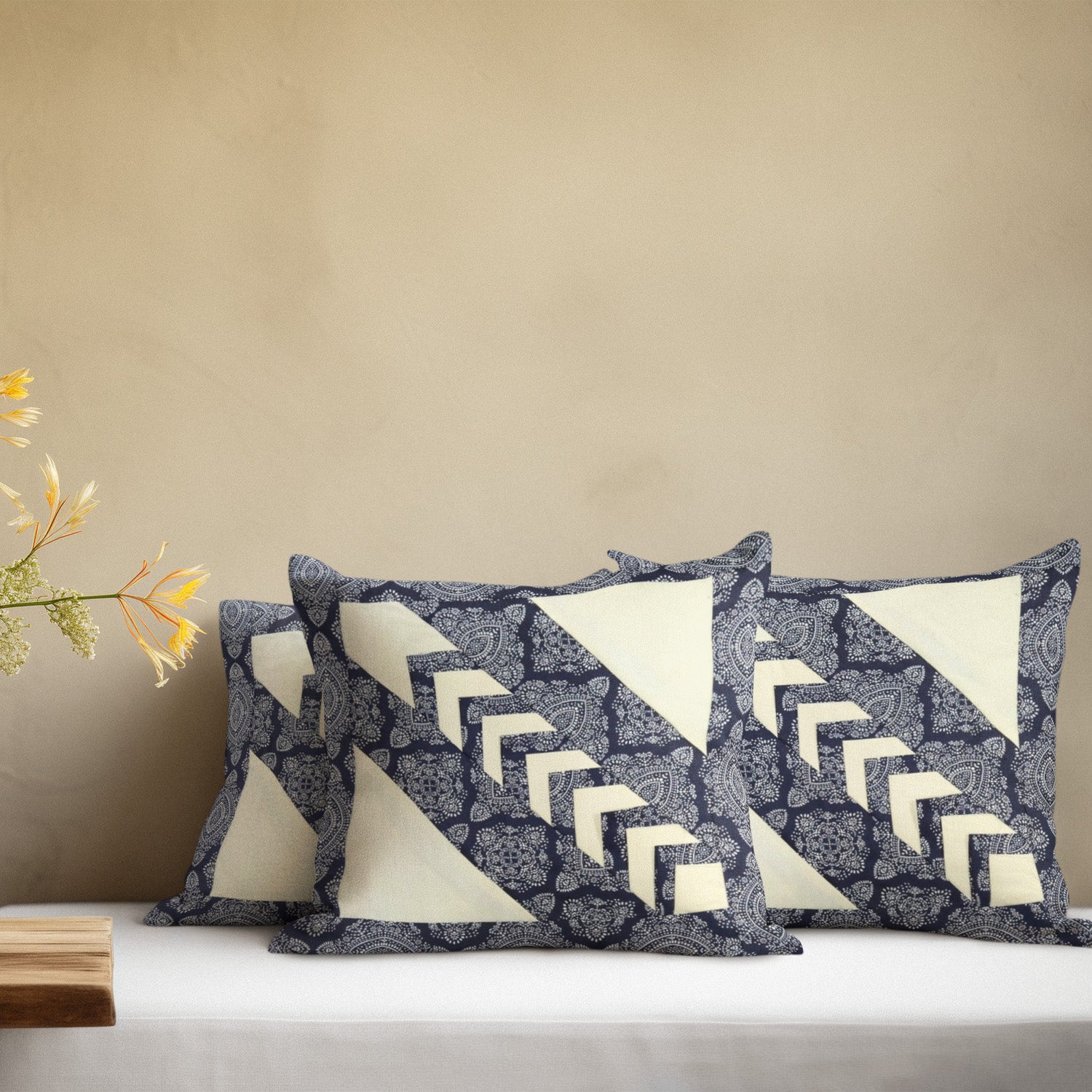 Navy Blue & White Geometric Patchwork Cushion Cover – 14 x 14 inches