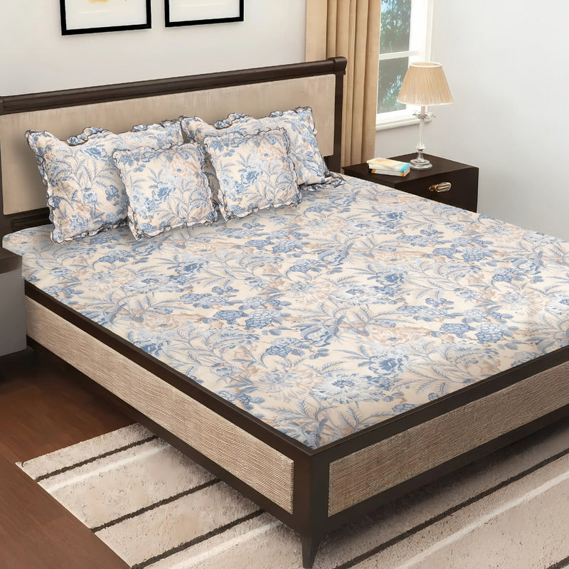 Elegant 5-Piece Quilted Bedding Set | King Size | Cream & Blue-Grey Floral Design