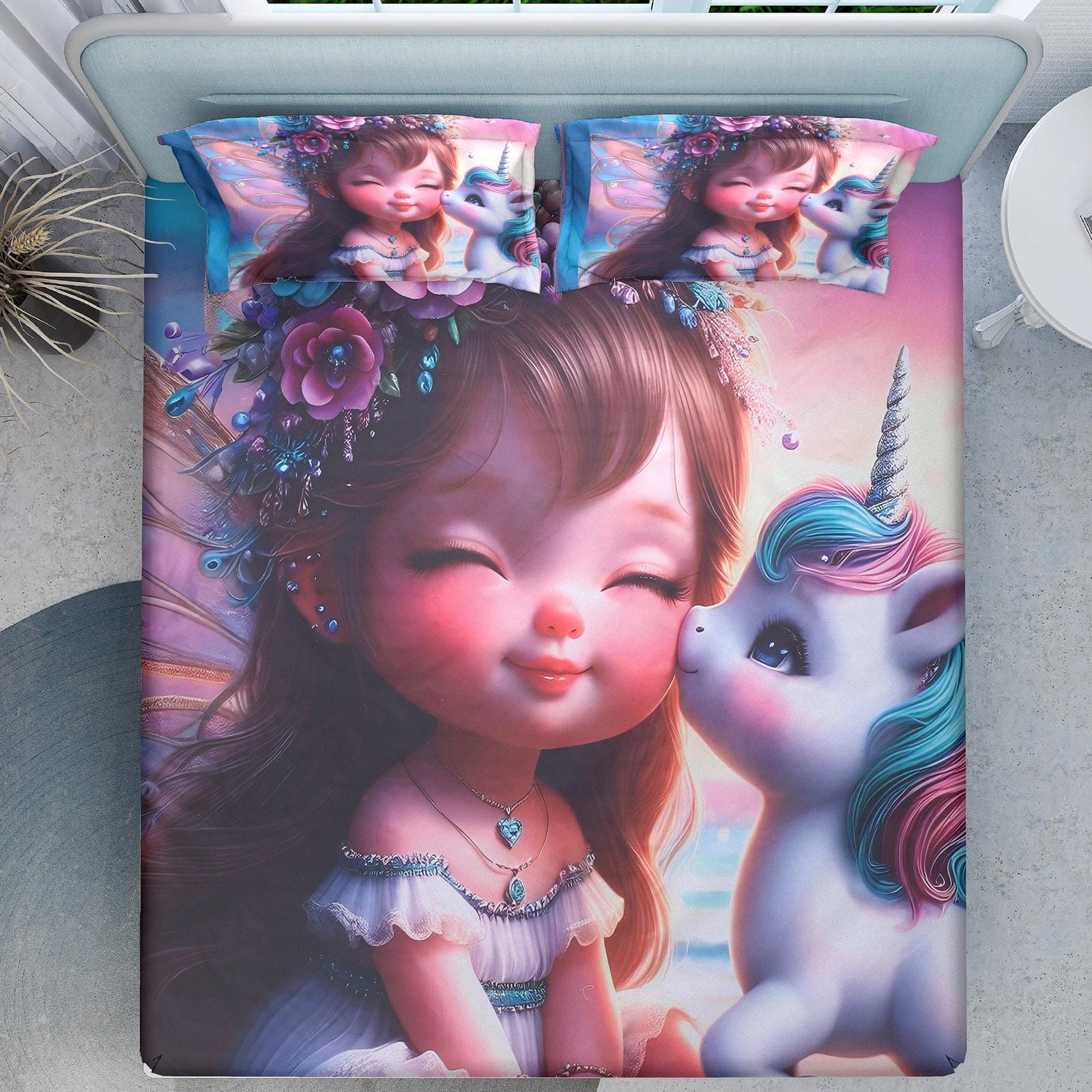 Unicorn Fairy Cotton Fitted 7D Kids Bedsheet (90x100 inch) King Size - Furnish Factory