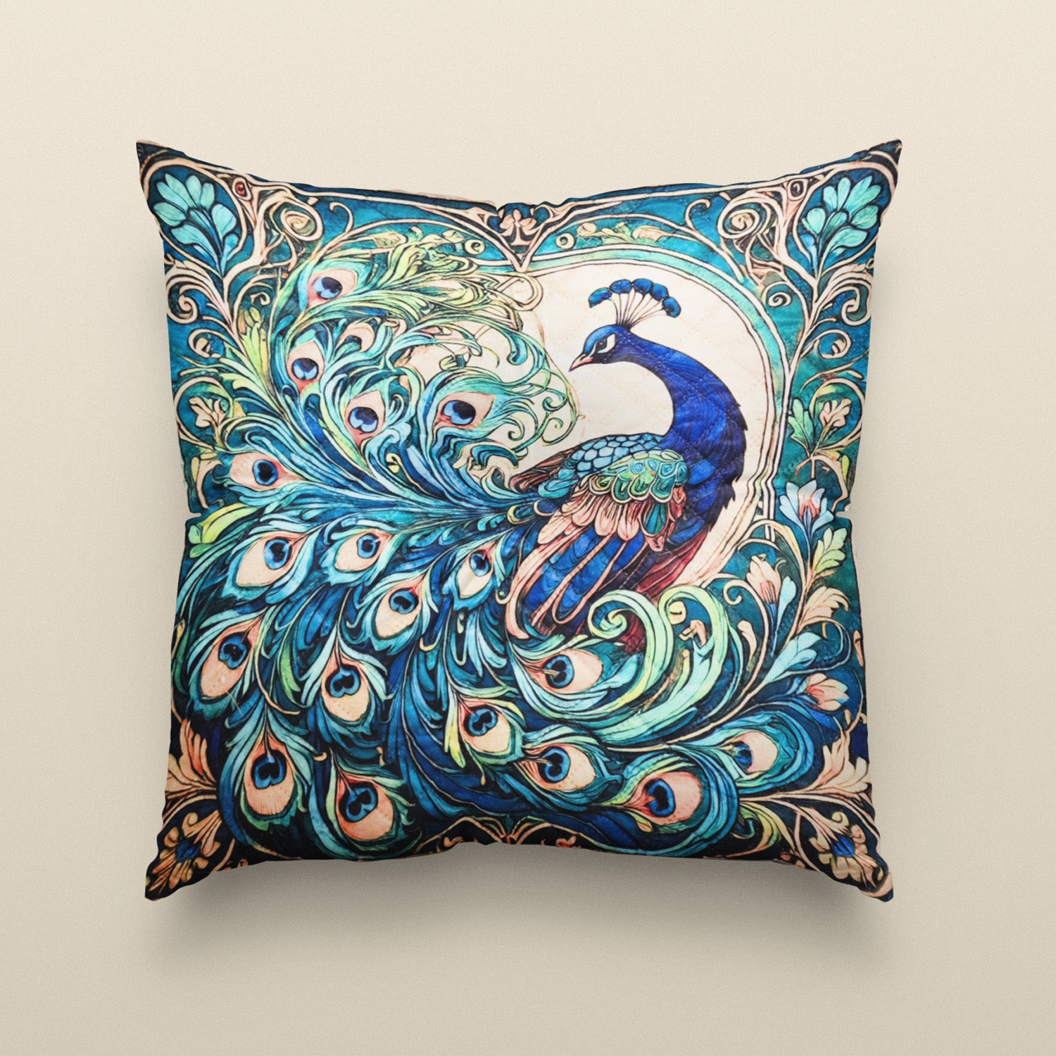 Peacock Art Cushion–  14 x 14 inches