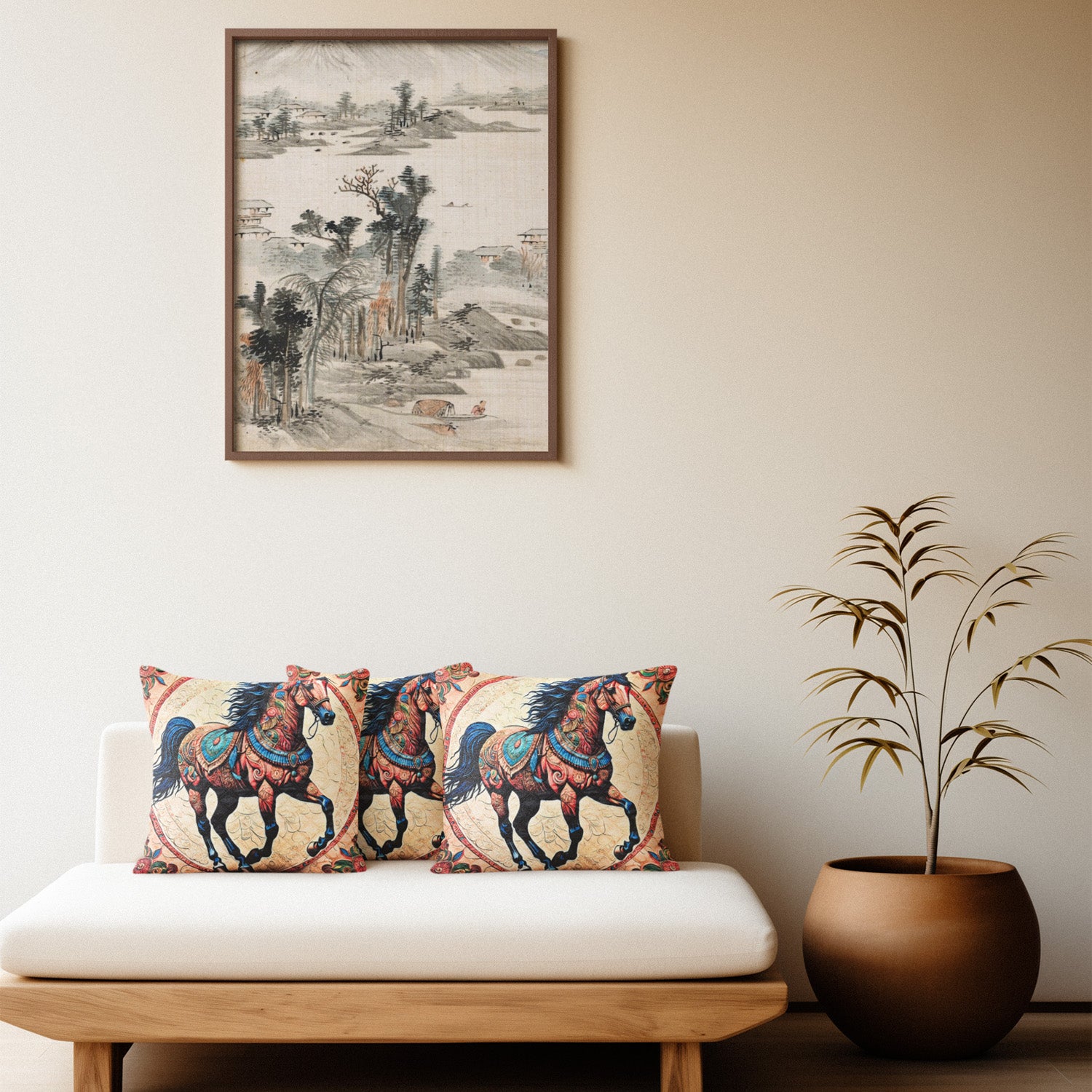 Majestic Horse Boho Design–Art-Inspired Cushion Cover –  14 x 14 inches