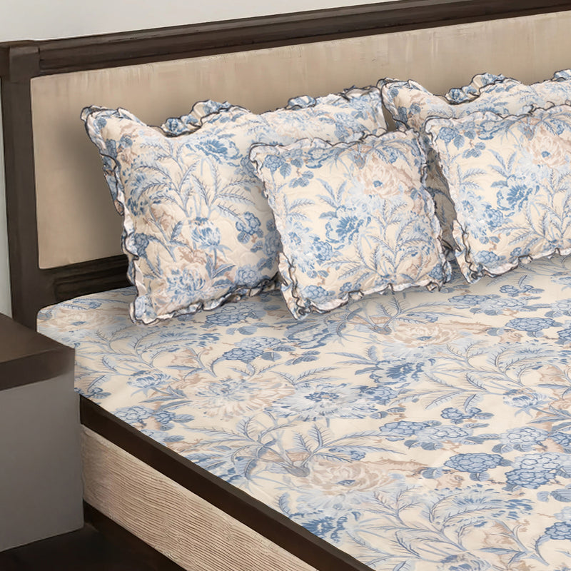 Elegant 5-Piece Quilted Bedding Set | King Size | Cream & Blue-Grey Floral Design