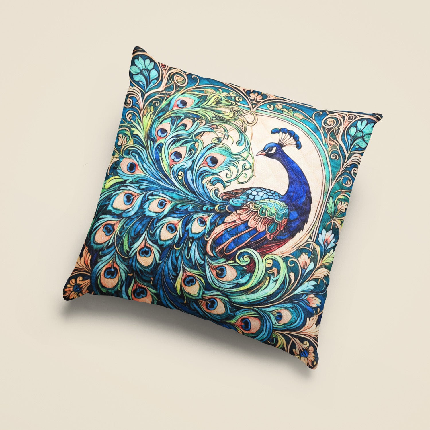 Peacock Art Cushion–  14 x 14 inches