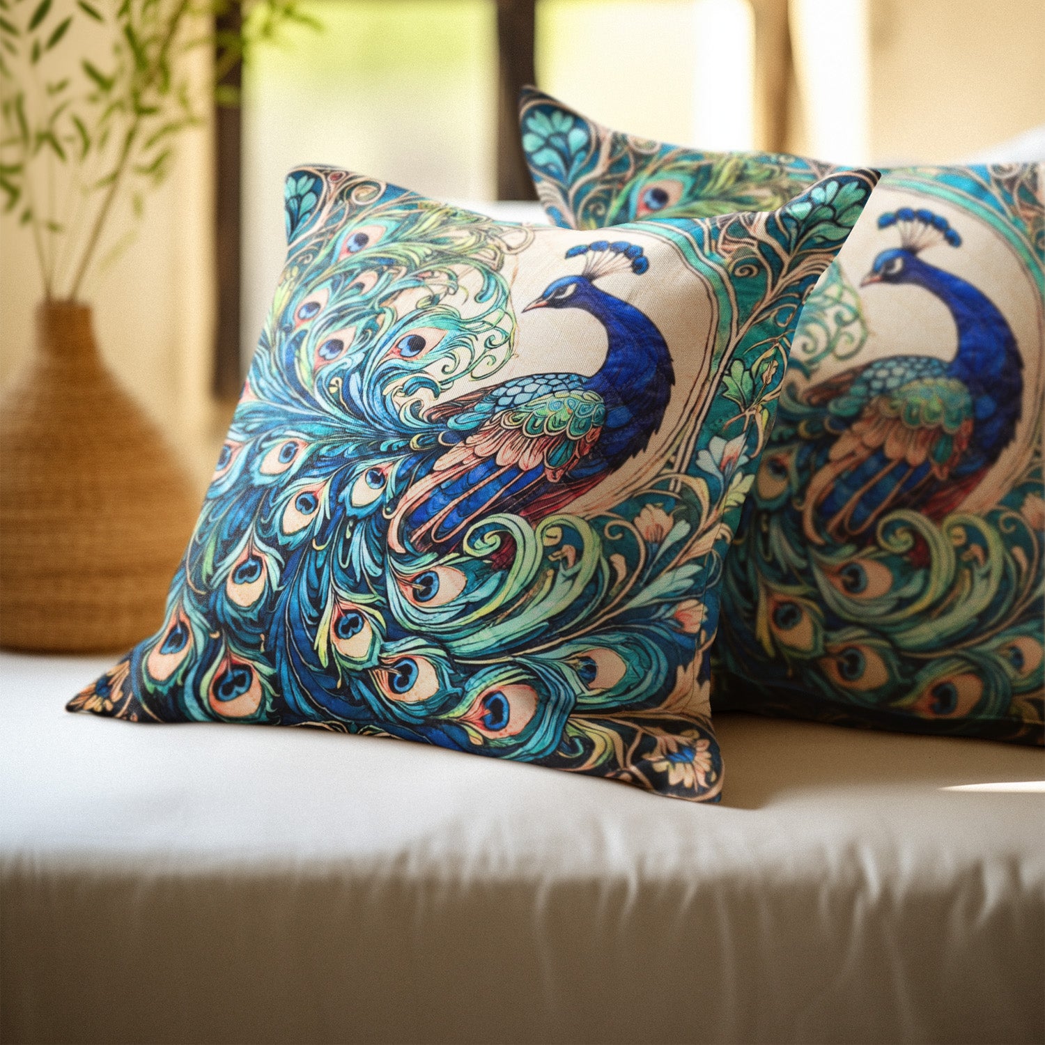 Peacock Art Cushion–  14 x 14 inches