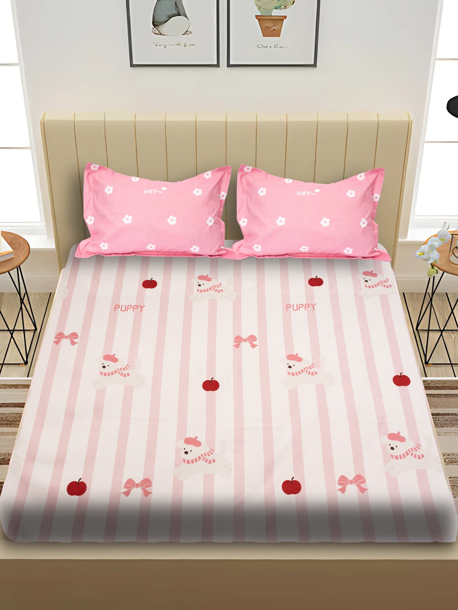 KIDOOS BABY PINK APPLE & PUPPY 300 TC ULTRA-SOFT COTTON BLEND KING SIZE DOUBLE BEDSHEET WITH PILLOW COVERS