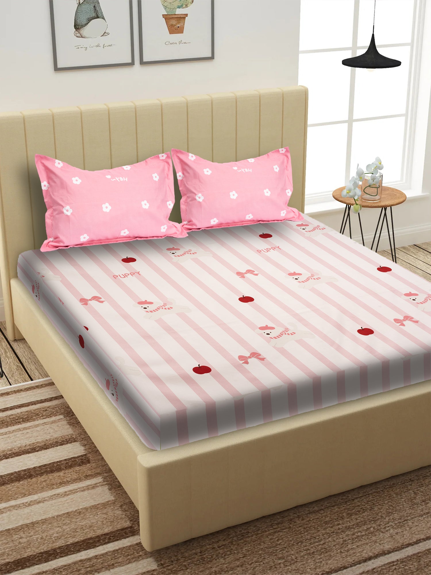 KIDOOS BABY PINK APPLE & PUPPY 300 TC ULTRA-SOFT COTTON BLEND KING SIZE DOUBLE BEDSHEET WITH PILLOW COVERS