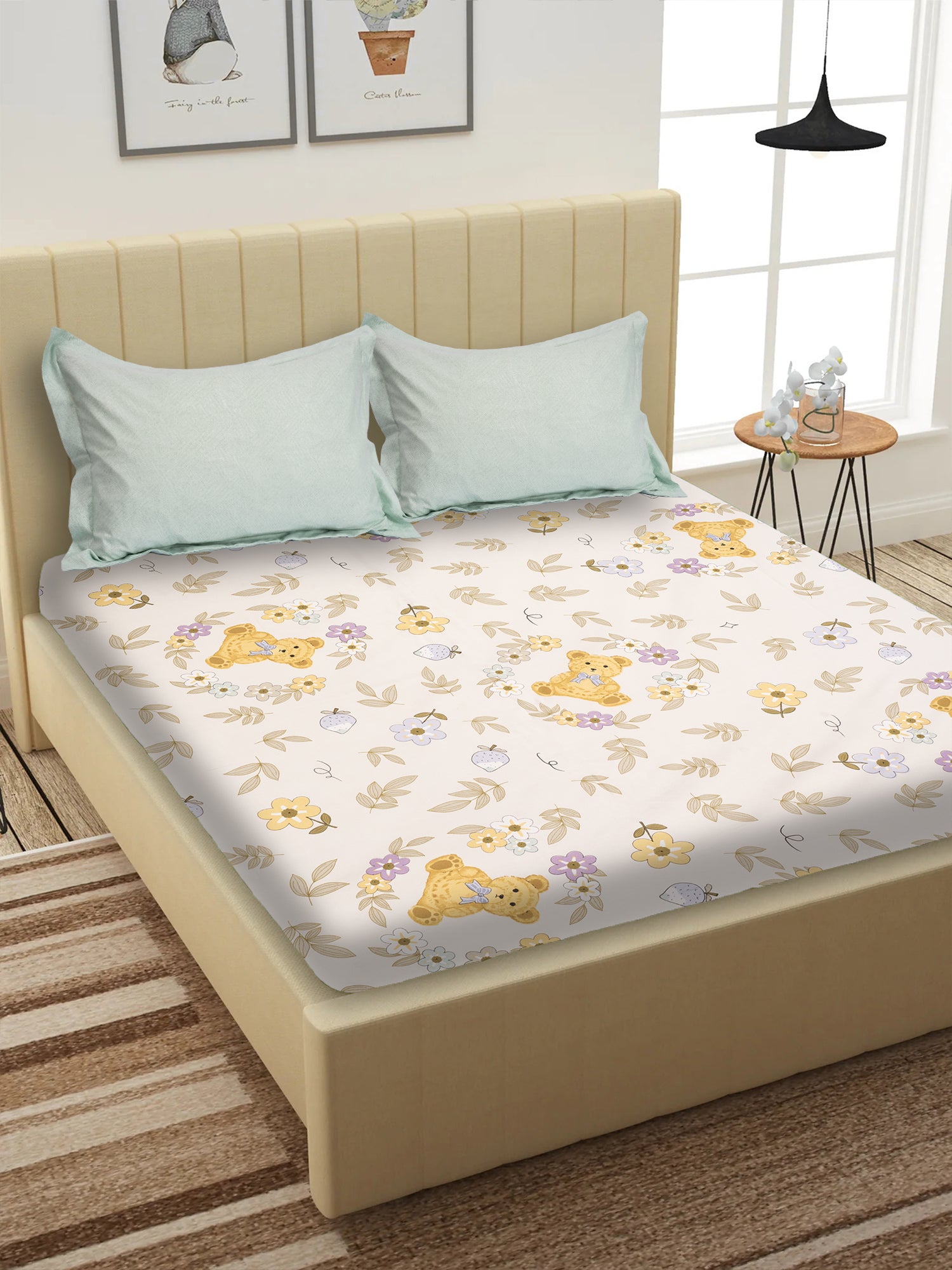 KIDOOS TEDDY BEAR 300 TC COTTON BLEND KING SIZE DOUBLE BEDSHEET WITH PILLOW COVERS