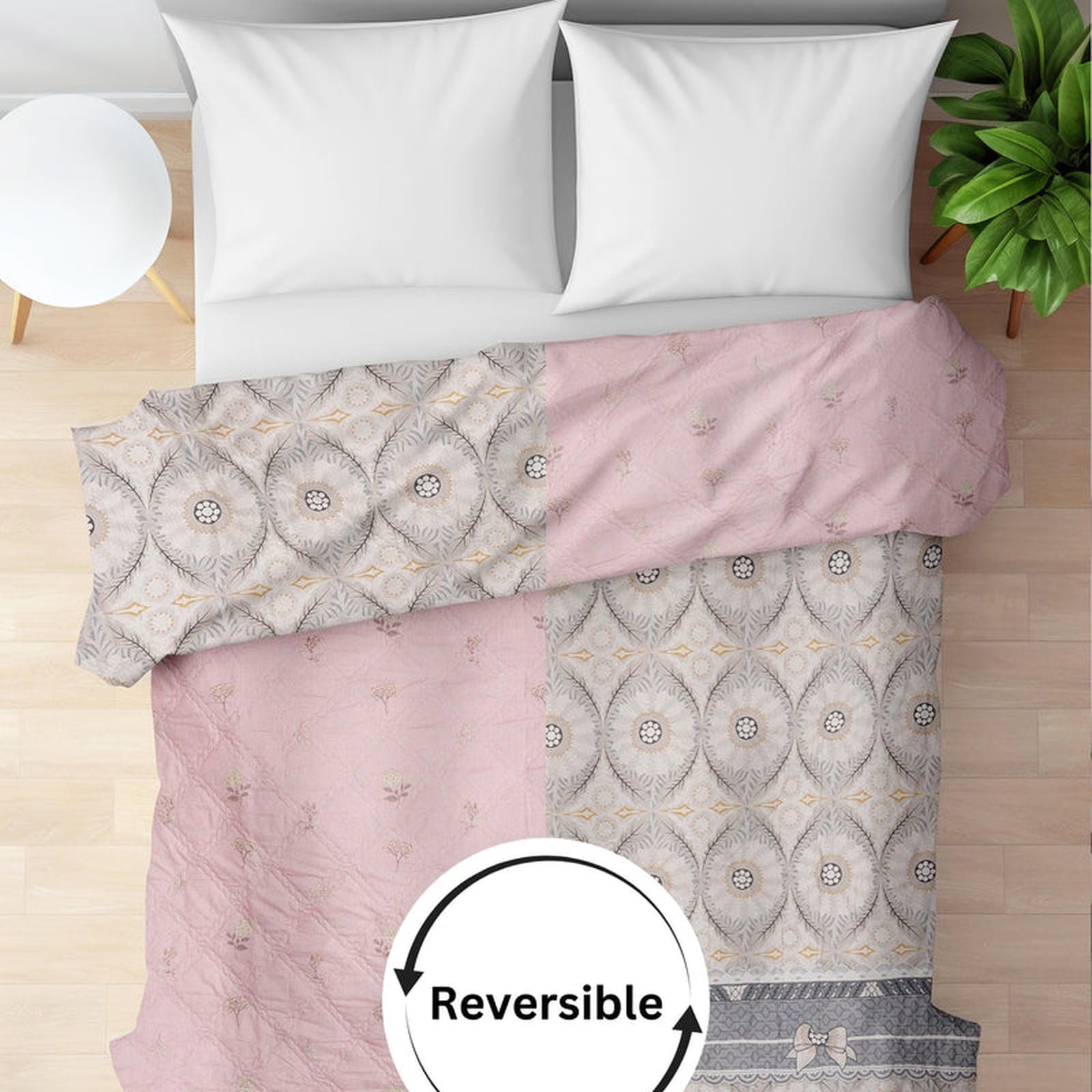 Ultralight Reversible Comforter – Baby Pink & Grey (Floral & Circular Patterns) - Furnish Factory