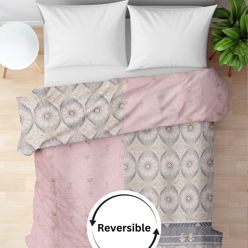 Ultralight Reversible Comforter – Baby Pink & Grey (Floral & Circular Patterns)