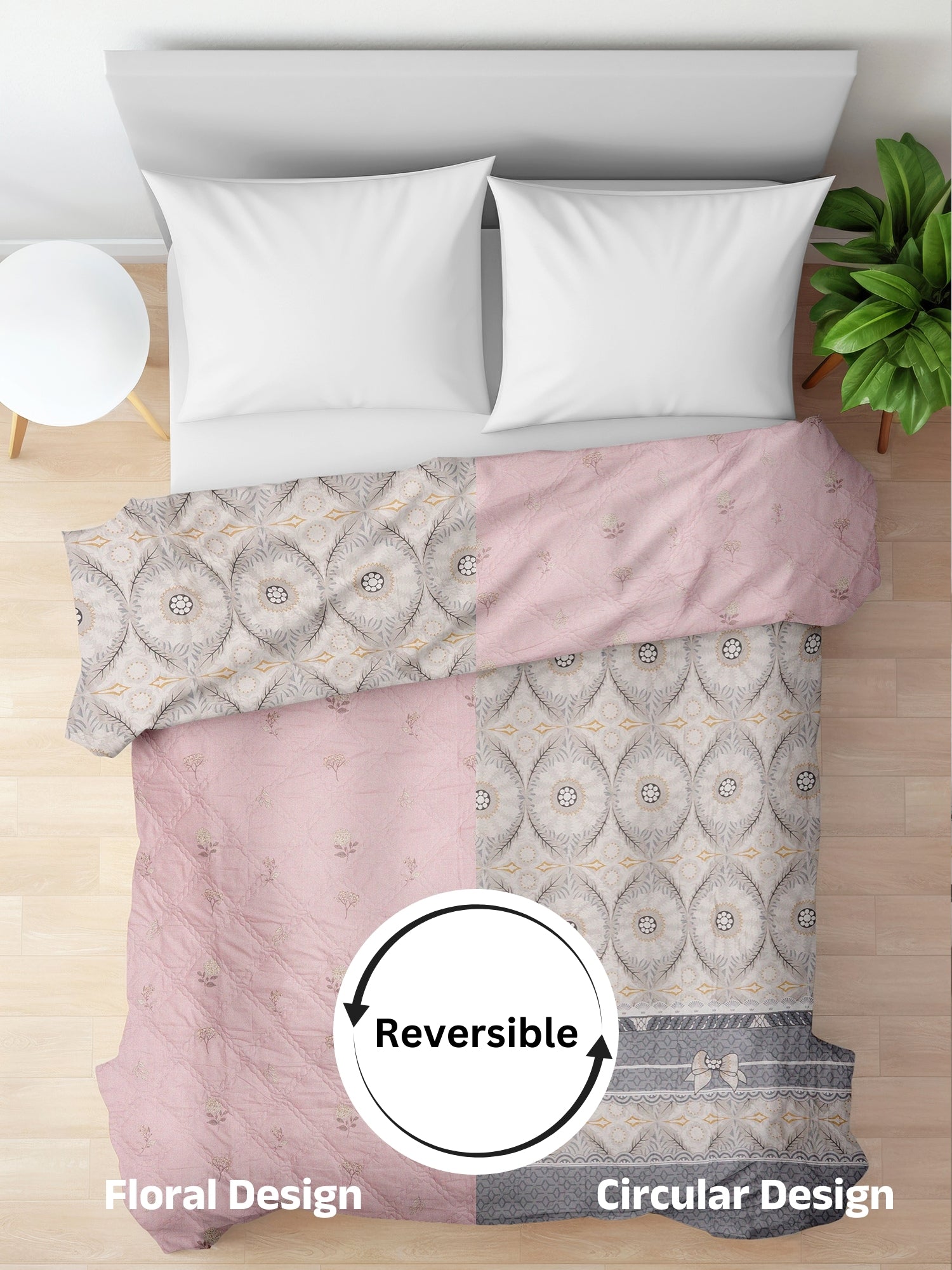 240 GSM BABY PINK & GREY FLORAL & CIRCULAR PATTERNS ULTRASONIC REVERSIBLE DOUBLE COMFORTER