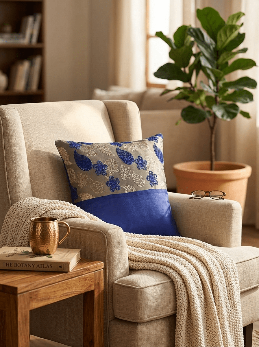 Royal Sapphire Brocade Embroidered Cushion Cover (16*16 inch) - Furnish Factory