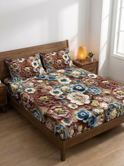 Vintage Bloom Dreamscape – 7D Floral Fitted Super king size Bedsheet