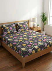 Pastel Petal Dreamscape – 7D Floral Fitted Super king size Bedsheet