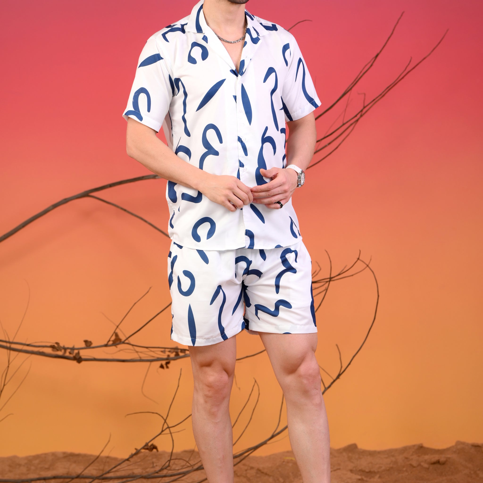 Blue Multi-Printed Cuban Collar Co-ord Set