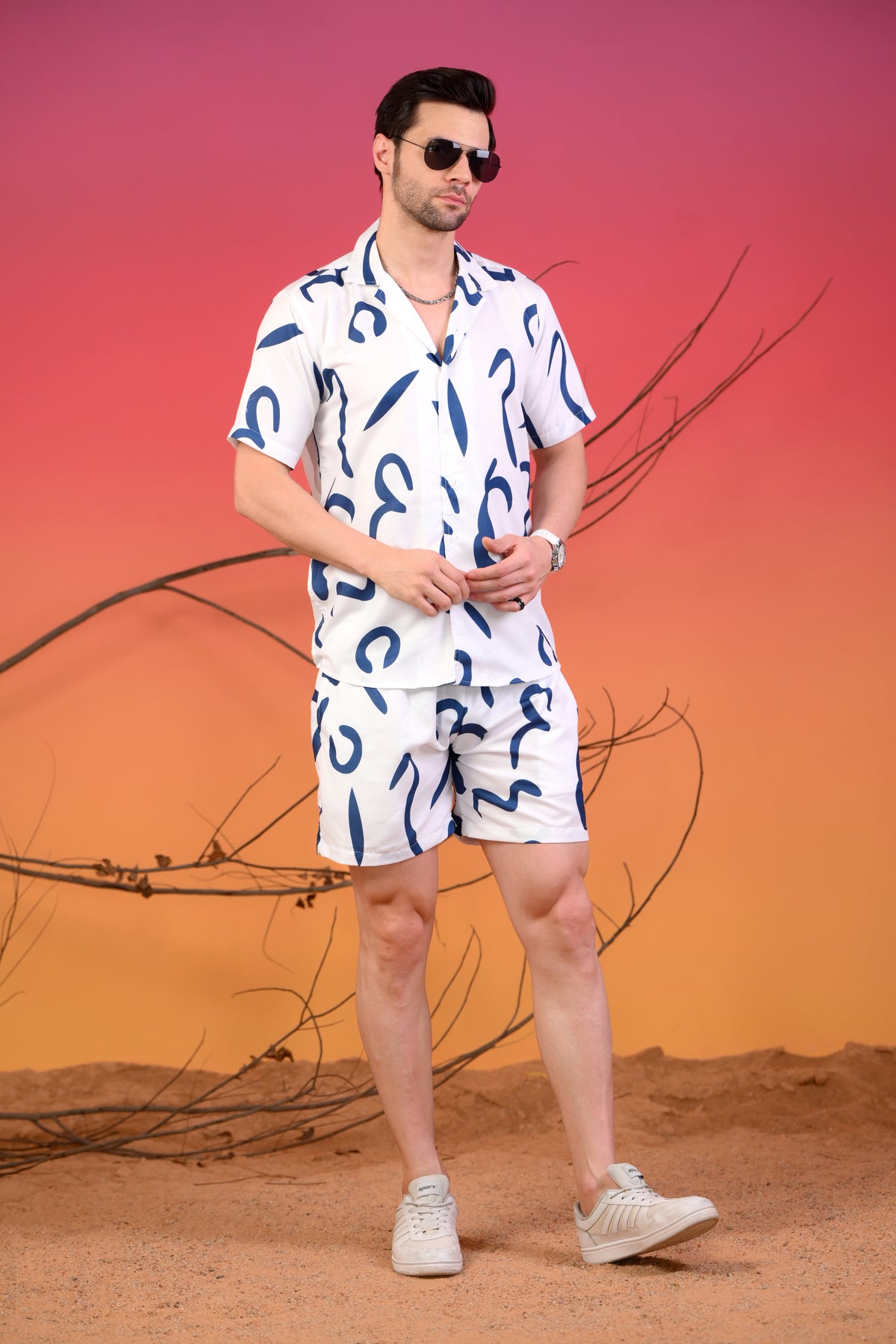 Blue Multi-Printed Cuban Collar Co-ord Set