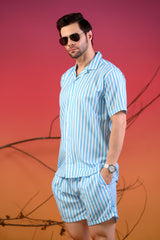 Light Blue & White Striped Cuban Collar Co-Ords
