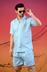 Light Blue & White Striped Cuban Collar Co-Ords