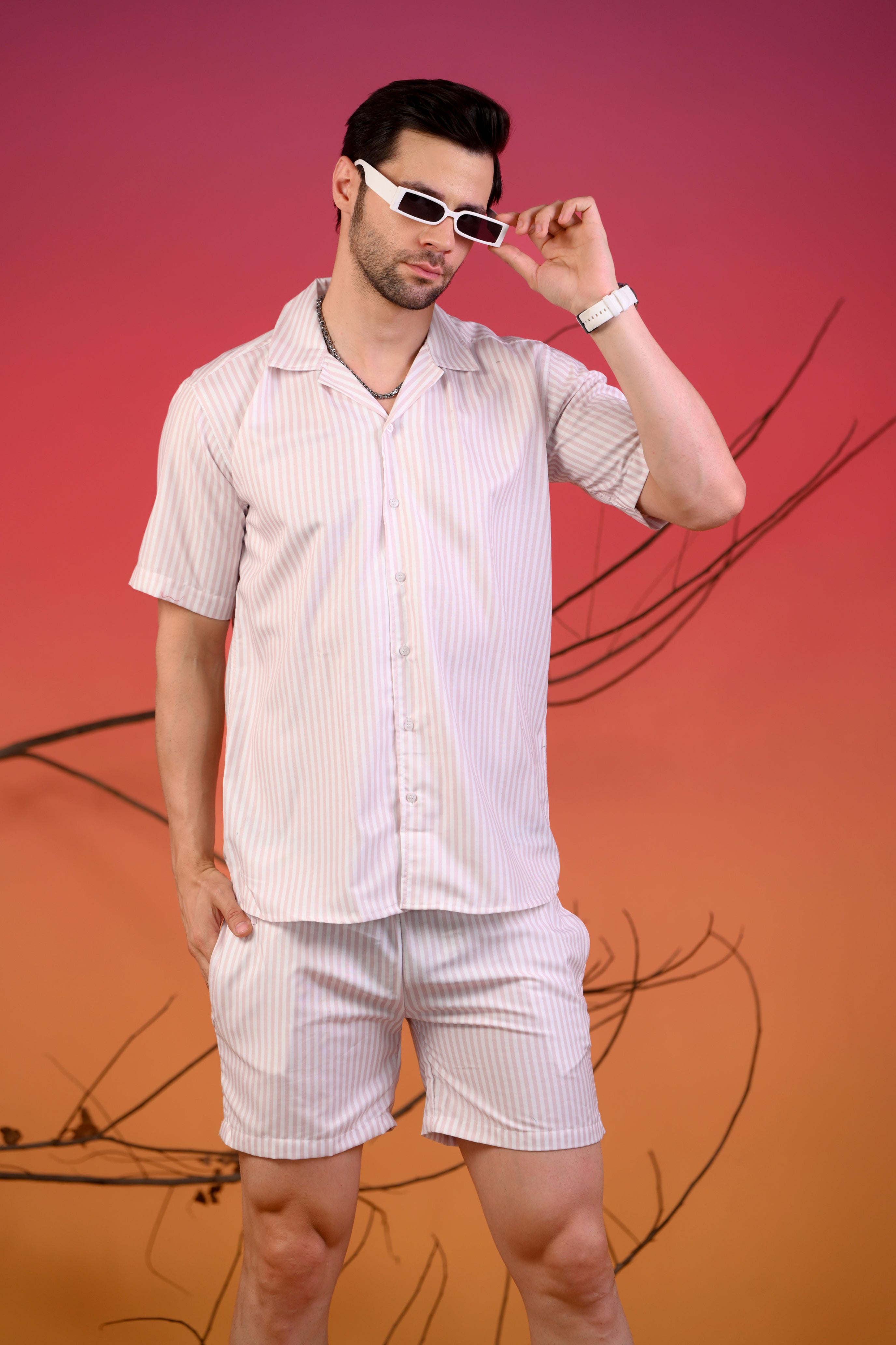 Baby Pink & White Striped Cuban Collar Co-Ords