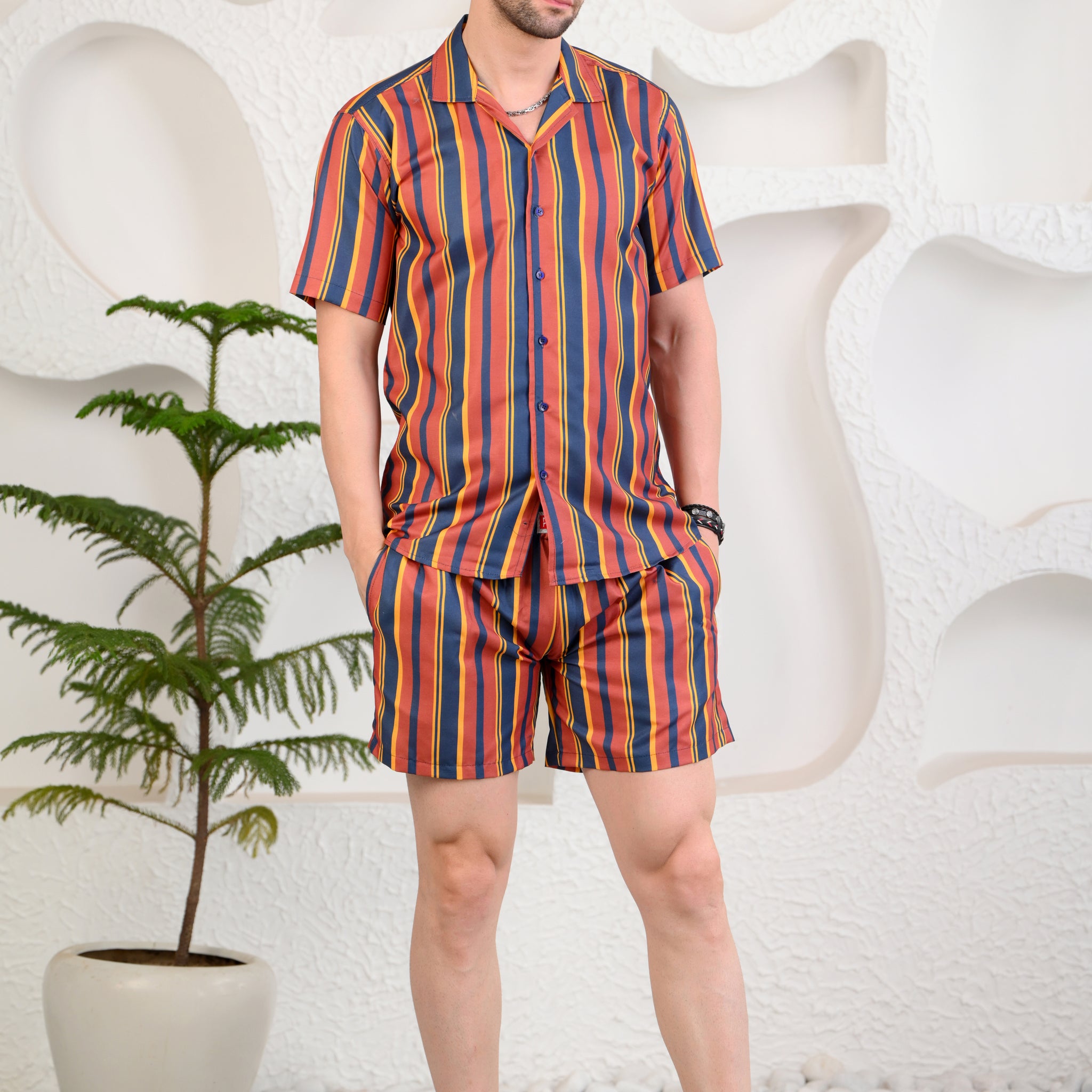 Multicolored Striped Cuban Collar Boxy Fit Co-Ords
