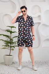 Donutonic Black Printed Cuban Collar Boxy Fit Co-Ords