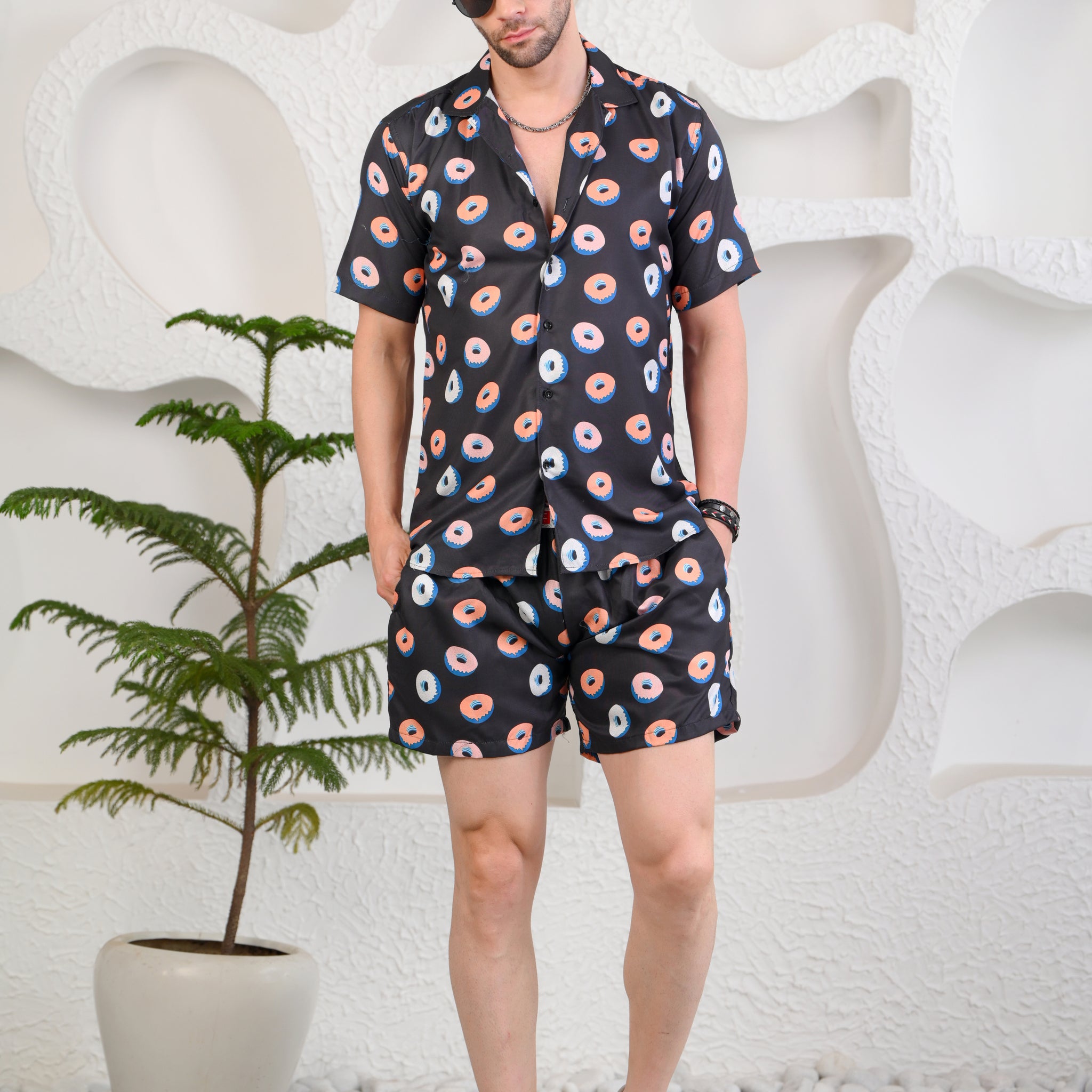 Donutonic Black Printed Cuban Collar Boxy Fit Co-Ords