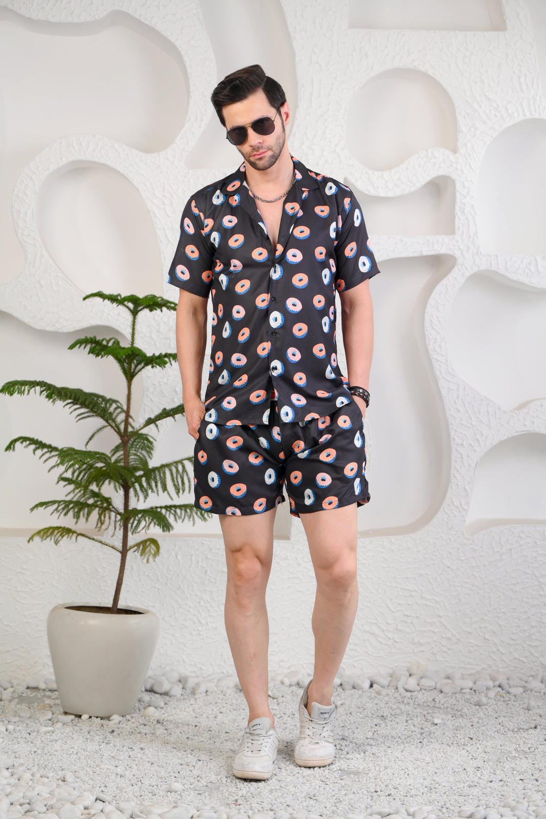 Donutonic Black Printed Cuban Collar Boxy Fit Co-Ords