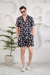 Donutonic Black Printed Cuban Collar Boxy Fit Co-Ords