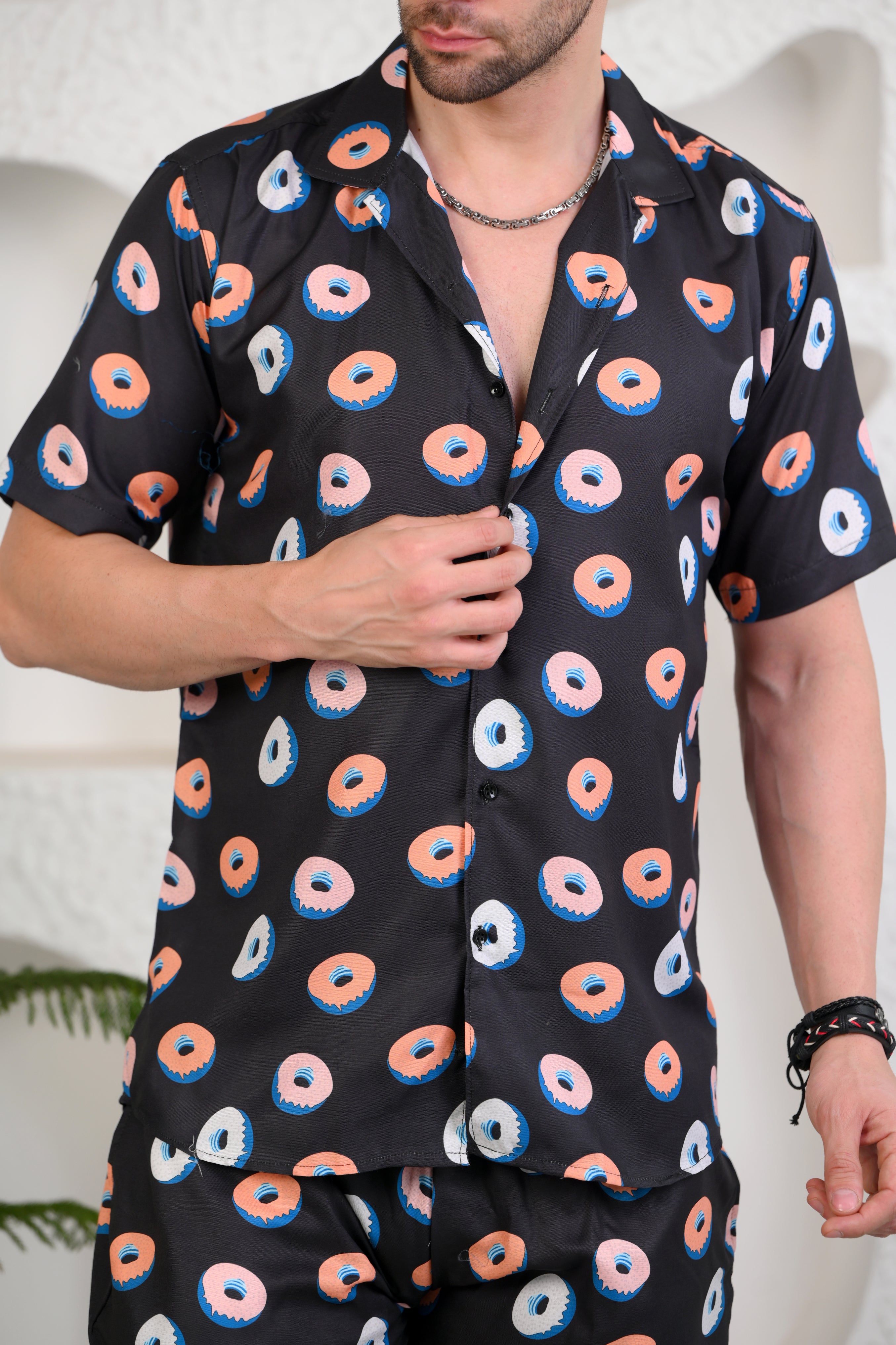 Donutonic Black Printed Cuban Collar Boxy Fit Co-Ords