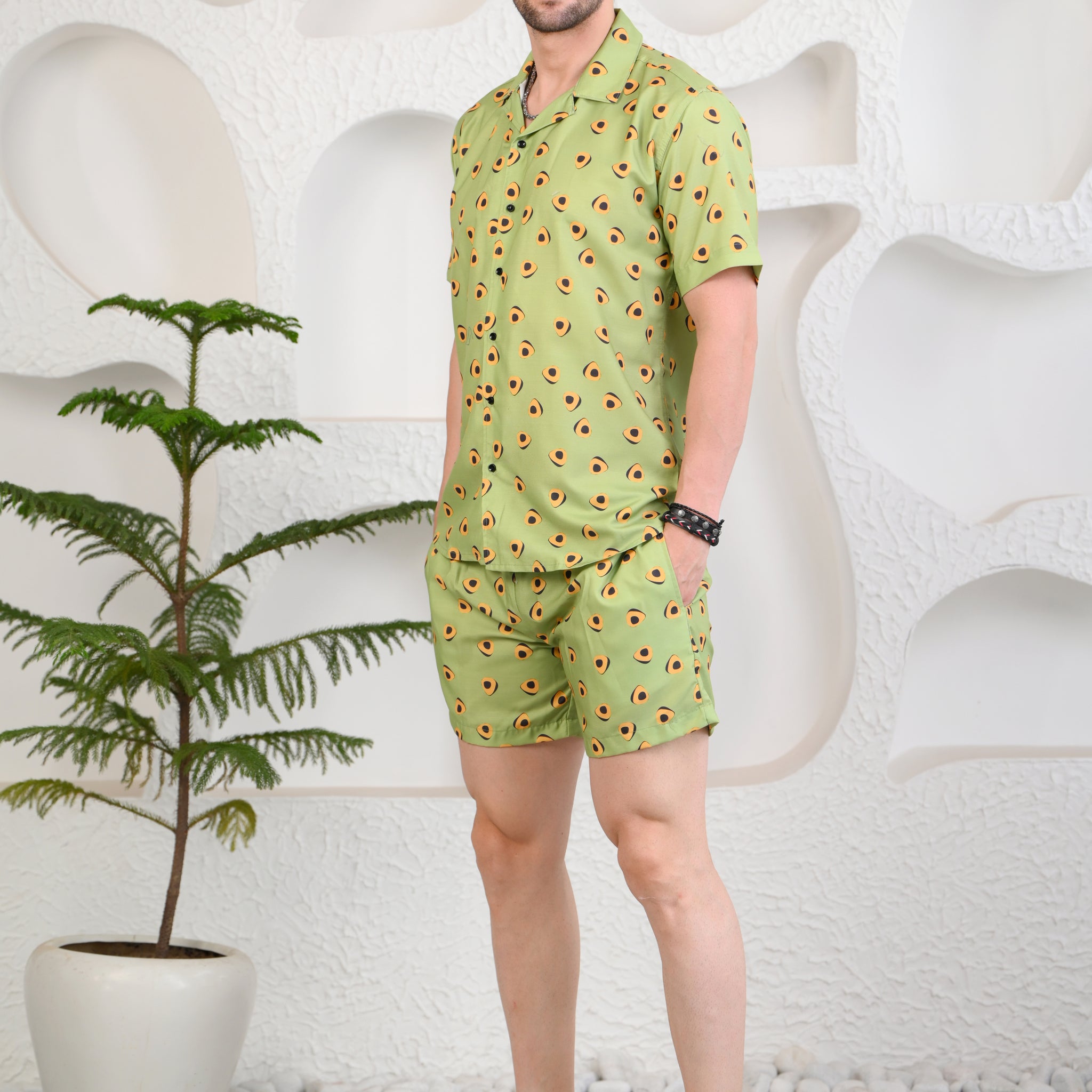 Light Green Avocado Print Cuban Collar Boxy Fit Co-Ords