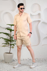 Beige Waffle Textured Cuban Collar Boxy Fit Co-Ords