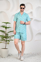 Light Turquoise Whale Tails Cuban Collar Boxy Fit Co-Ords