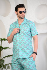 Light Turquoise Whale Tails Cuban Collar Boxy Fit Co-Ords