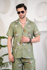 Light Green Animals Theme Cuban Collar Boxy Fit Co-ord Set