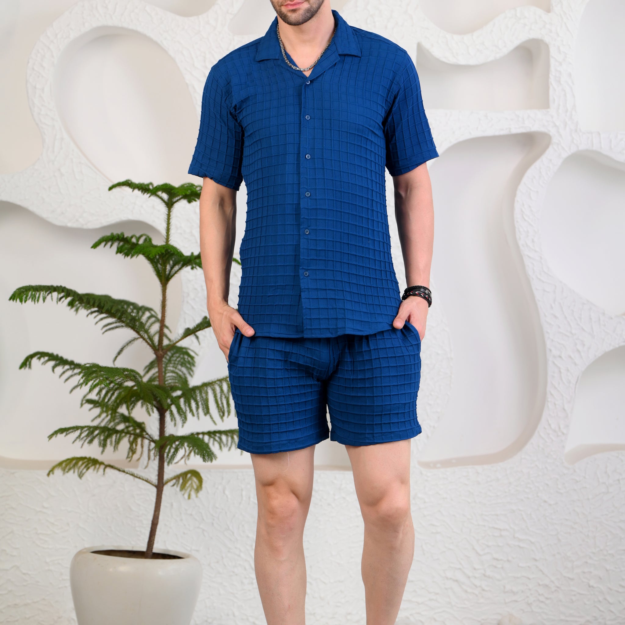 Blue Ribbed Cuban Collar Boxy Fit Co-Ords