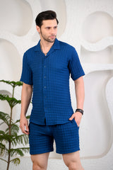 Blue Ribbed Cuban Collar Boxy Fit Co-Ords