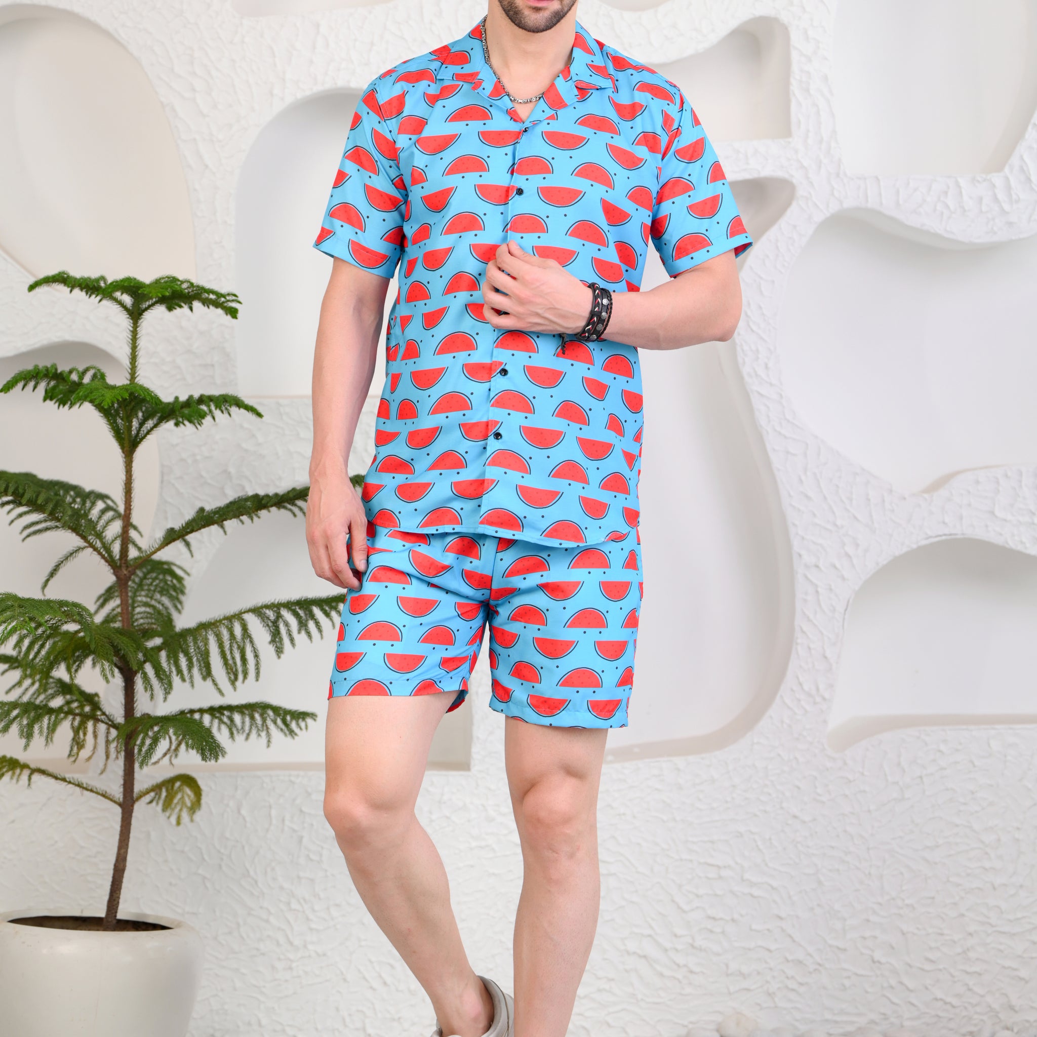 Melonaire Sky Blue Printed Cuban Collar Boxy Fit Co-Ords