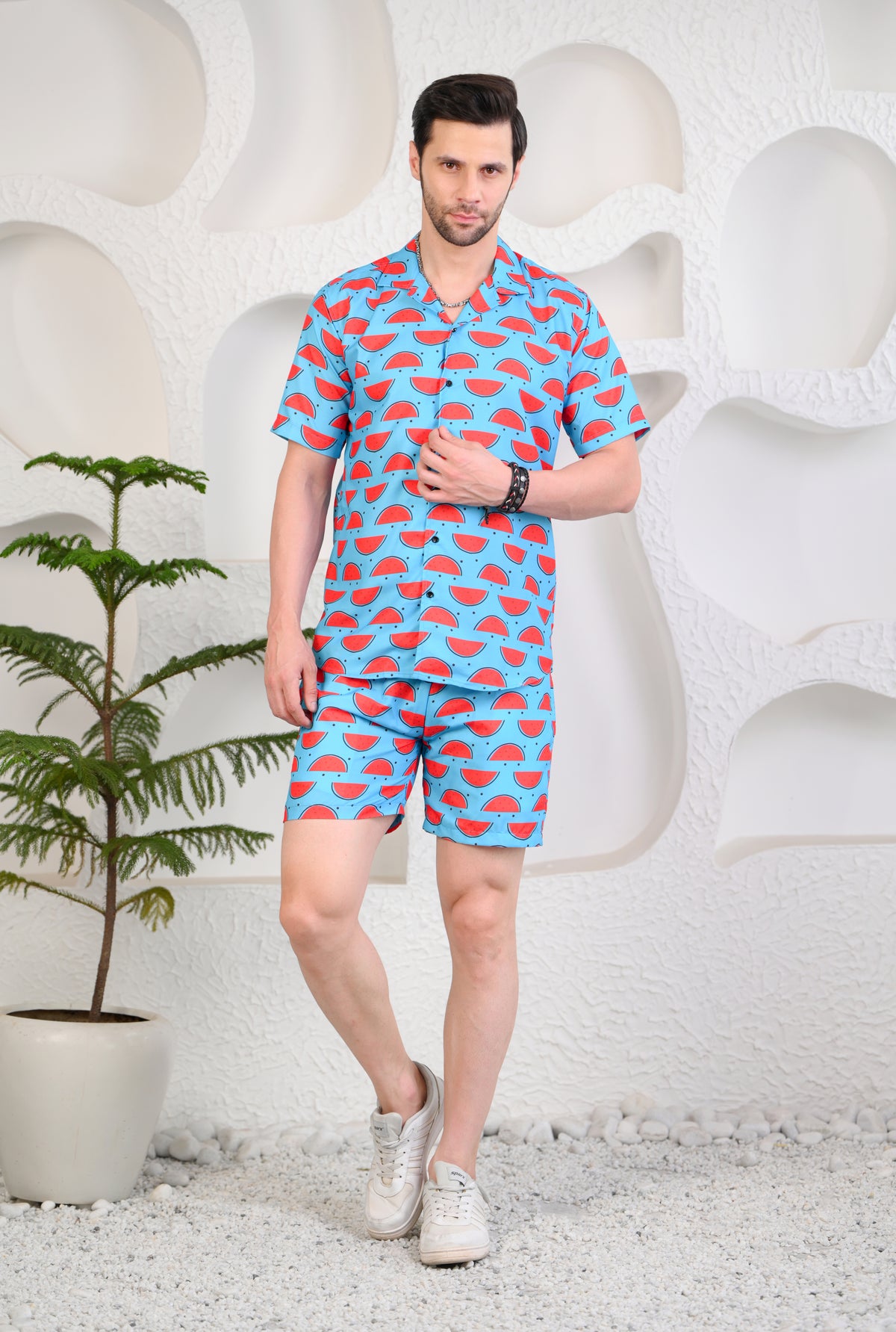 Melonaire Sky Blue Printed Cuban Collar Boxy Fit Co-Ords