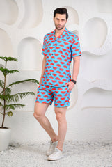 Melonaire Sky Blue Printed Cuban Collar Boxy Fit Co-Ords
