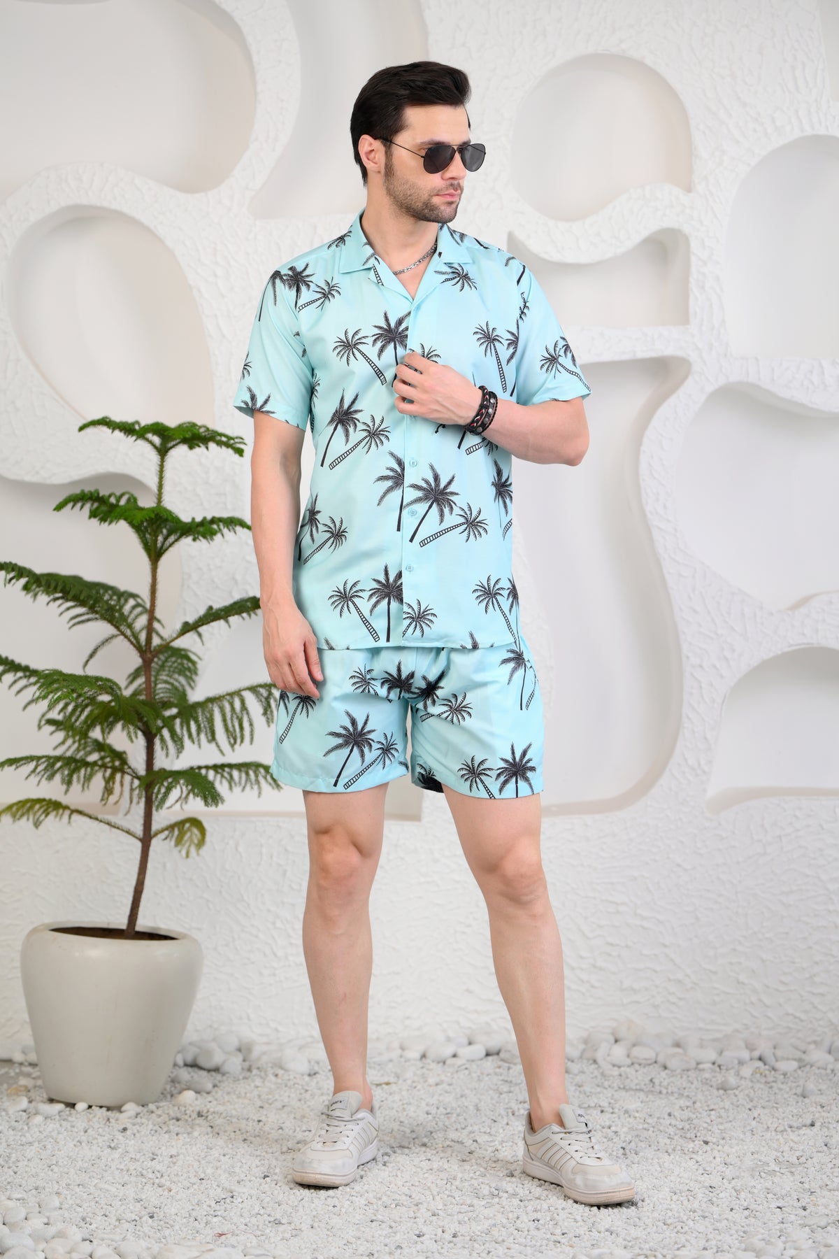 Turquoise Colour Palm Tree Print Cuban Collar Co-Ords