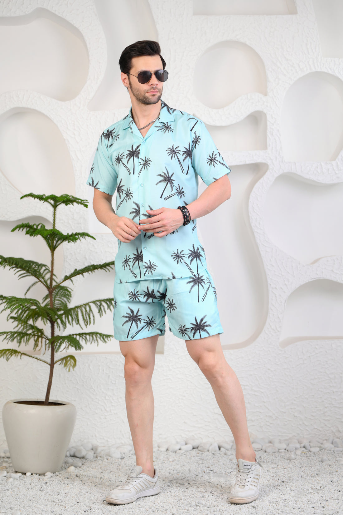 Turquoise Colour Palm Tree Print Cuban Collar Co-Ords
