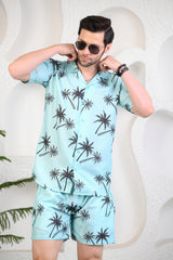 Turquoise Colour Palm Tree Print Cuban Collar Co-Ords