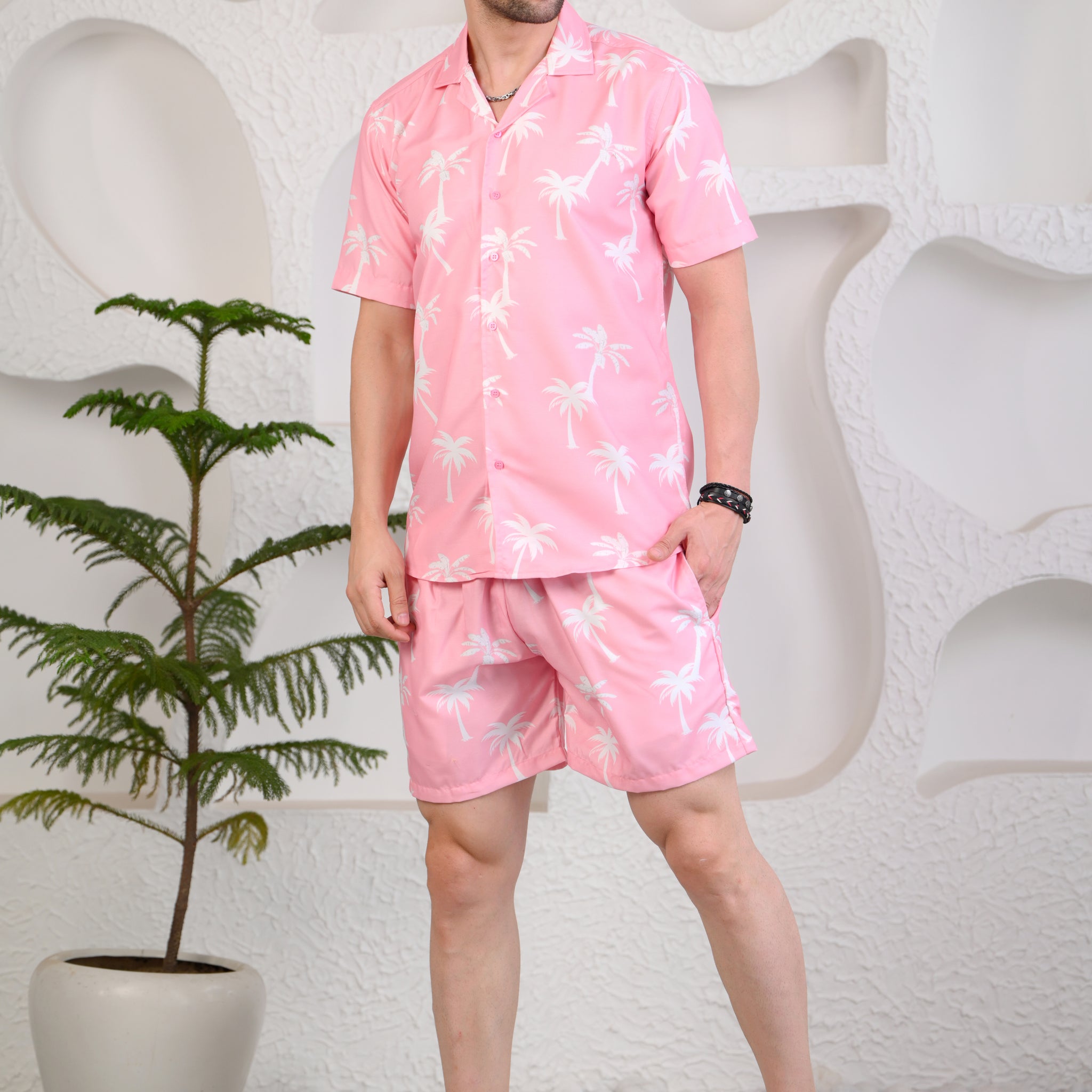 Light Pink White Palm Tree Print Cuban Collar Co-Ords
