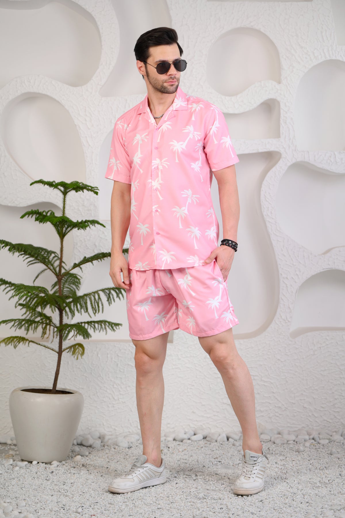 Light Pink White Palm Tree Print Cuban Collar Co-Ords