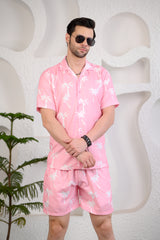 Light Pink White Palm Tree Print Cuban Collar Co-Ords