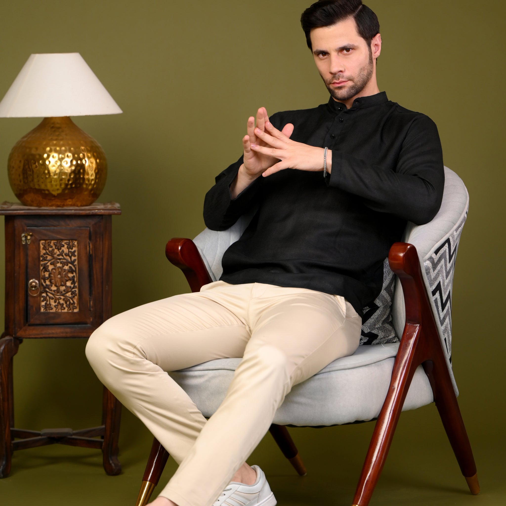 Black Linen Blend Full Sleeves Mandarin Collar Short Kurta